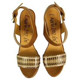Lanvin-Lanvin Brown Leather High Wooden Heel Wedges Platform Sandals Shoes 40-Brown