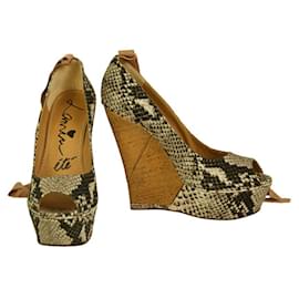 Lanvin-Lanvin Sake Pattern Canvas High Cork Heel Wedges Platform Peep Pumps Shoes 40-Brown