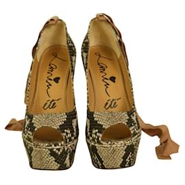 Lanvin-Lanvin Sake Pattern Canvas High Cork Heel Wedges Platform Peep Pumps Shoes 40-Brown