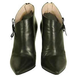 Miu Miu-Miu Miu Black Leather Pointed Toes Back Zipper Bow Ankle Booties Heels Size 38-Black