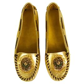 Miu Miu-Miu Miu Gold Color leather Beaded Flower moccasins loafers flat shoes size 40-Golden