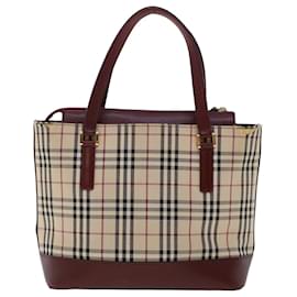 Burberry-BURBERRY Nova Check Hand Bag Canvas Beige Wine Red Auth 48021-Beige,Other
