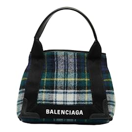 Balenciaga-Balenciaga Plaid Wool Navy Cabas XS Bag Sac à main en toile 390346 en bon état-Vert