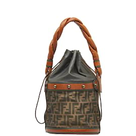Fendi-Fendi Zucca Canvas & Leather Palazzo Bucket Bag Canvas Handbag 8BR554 in Good condition-Brown