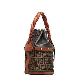 Fendi-Fendi Zucca Canvas & Leather Palazzo Bucket Bag Canvas Handbag 8BR554 in Good condition-Brown