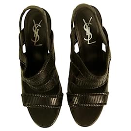 Yves Saint Laurent-Yves Saint Laurent YSL Black Leather Strappy Open Toe Sandal Heels Size 39,5-Black