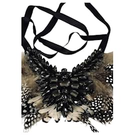 Autre Marque-Pheasant feather necklace-Black,Beige