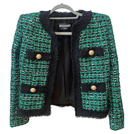 Balmain-BALMAIN TWEED GRÜNER PAILLETTENJACKENBLAZER FR 40-Grün