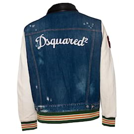 Dsquared2-Dsquared2, bomber jacket with leather sleeves-White,Blue,Grey