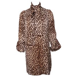 DOLCE & GABBANA, Leopard printed silk dress with bow in size IT40/XS. Brown