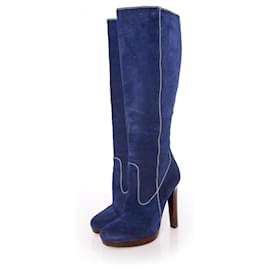 Dsquared2-Dsquared2, Blue suede boot with wood lacquered platform in size 39.-Blue