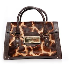 Dolce & Gabbana-Dolce & Gabbana, Sac à main en cuir marron et imprimé girafe en poil de veau.-Marron