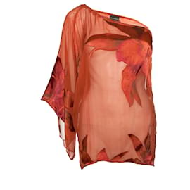 Autre Marque-Atos Lombardini, blusa de seda semitransparente con estampado de flores rojo anaranjado y una manga en la talla IT40/XS.-Naranja