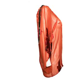 Autre Marque-Atos Lombardini, blusa de seda semitransparente con estampado de flores rojo anaranjado y una manga en la talla IT40/XS.-Naranja