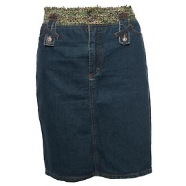 DOLCE & GABBANA, Mittelblauer Jeansrock mit grünem Tweed um die Taille in Größe IT44/M-L. Blau