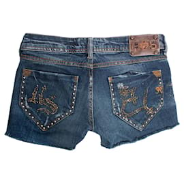 Autre Marque-Ross e Disera, shorts jeans com tachas e pedras douradas brilhantes no tamanho 25/XS.-Azul