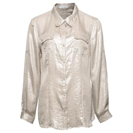 Calvin Klein-Calvin Klein, Plata metálica / blusa beige con 2 bolsillos en el pecho en talla M.-Plata