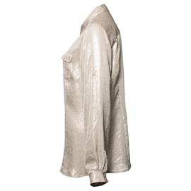 Calvin Klein-Calvin Klein, Plata metálica / blusa beige con 2 bolsillos en el pecho en talla M.-Plata