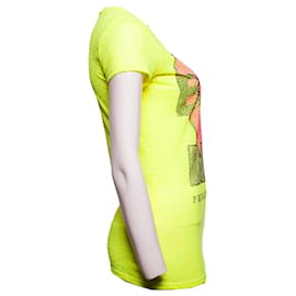 Philipp Plein-Philipp Plein, Fluoreszierendes gelbes T-Shirt mit Text in kleinem Rosa/Schwarze Farbe/Silbersteine in Größe S.-Gelb