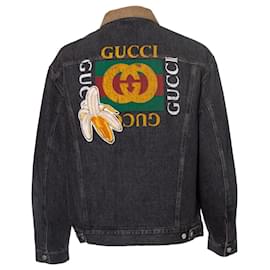 Gucci-Gucci, Jaqueta jeans cinza com patch de banana-Cinza
