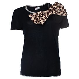 Red Valentino Valentino rosso, Tshirt nera con fiocco leopardato Nero
