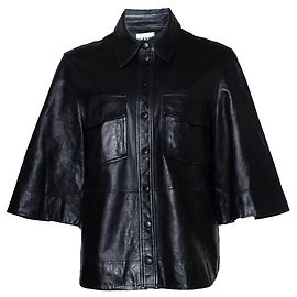 GANNI, leather short sleeve shirt Black