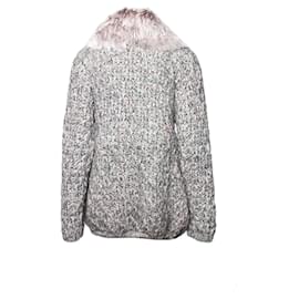 Ermanno Scervino-Ermanno Scervino, Grey knitted cardigan with fur collar.-Grey