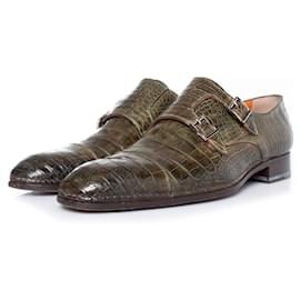 Santoni-Santoni, sapatos em couro de crocodilo verde oliva-Verde