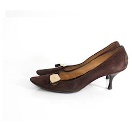 Tod's-Tod's, dark brown suede pump with gold hardware-Brown