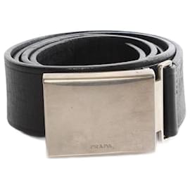 Prada-Prada, Black leather belt with silver buckle.-Black
