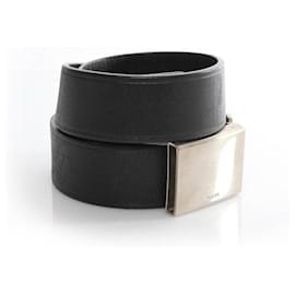 Prada-Prada, Black leather belt with silver buckle.-Black