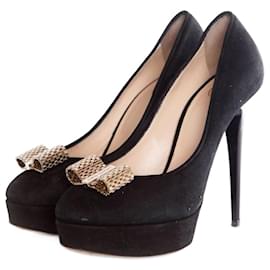 Elisabetta Franchi-Celyne B/Elisabetta Franchi, black platform pumps in suede in size 37, with golden bow on the nose.-Black