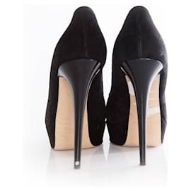 Elisabetta Franchi-Celina B/Elisabetta Franchi, Zapatos de tacón con plataforma negros en ante en talla 37, con lazo dorado en la nariz.-Negro