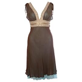 Autre Marque-Zinas, brown/blue dress with decoration around the breast in size 2/M.-Brown