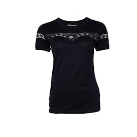 Dolce & Gabbana-DOLCE & GABBANA, Schwarzes T-Shirt mit Spitze.-Schwarz