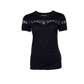 DOLCE & GABBANA, T-shirt nera con pizzo. Nero