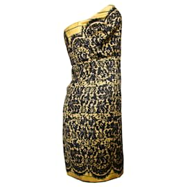 Tibi-Tibi, Strapless dress with lace print-Black,Yellow