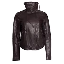 Autre Marque-Denham, brown high neck leather jacket-Brown