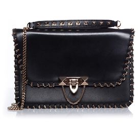 Valentino, Bolsa tiracolo Demilune em couro com corrente preta. Preto