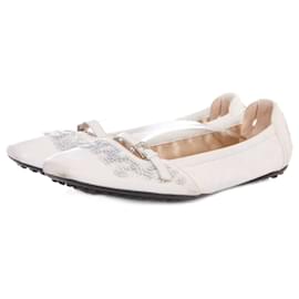 Tod's-Tods, white leather ballerinas with sequences.-White