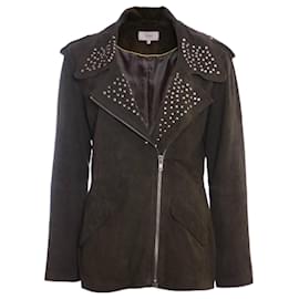 Autre Marque-Ibana, olive green suede jacket with silver studs.-Green