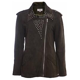 Autre Marque-Ibana, olive green suede jacket with silver studs.-Green
