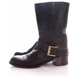 Chloé-Chloe, black leather biker boots with buckle.-Black