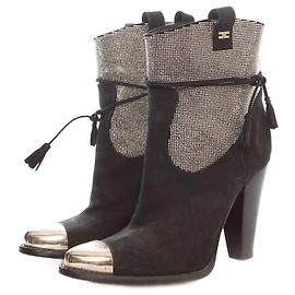 Elisabetta Franchi, black suede boots with stones and silver toe in size 36. Black Silvery