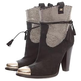 Elisabetta Franchi-Elisabetta Franchi, black suede boots with stones and silver toe in size 36.-Black,Silvery