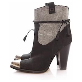 Elisabetta Franchi-Elisabetta Franchi, black suede boots with stones and silver toe in size 36.-Black,Silvery
