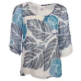 Autre Marque Tipi, top semitransparente com flor azul/impressão de folhas em tamanho EUA4/XS. Branco Azul