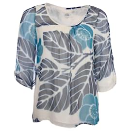 Autre Marque-Tipi, semi-transparent top with blue flower/leaf print in size US4/XS.-White,Blue