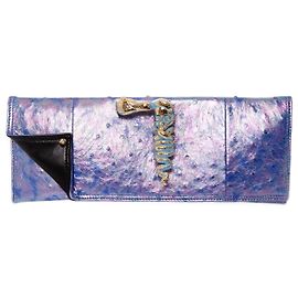 Autre Marque Maison Du Posh, pochette en cuir d'autruche à perles multicolores avec 14bague serpent plaquée or k. Multicolore