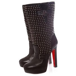CHRISTIAN LOUBOUTIN, Black leather platform boots with silver studs in size 40. Black